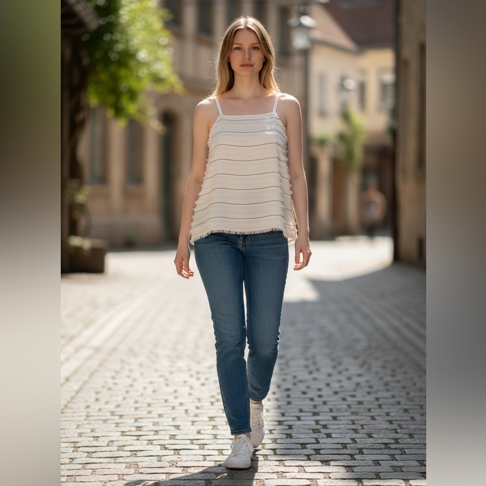 Maeve Anthropologie Textured Fringe Stripe Tank Top Ivory Size 6 Boho